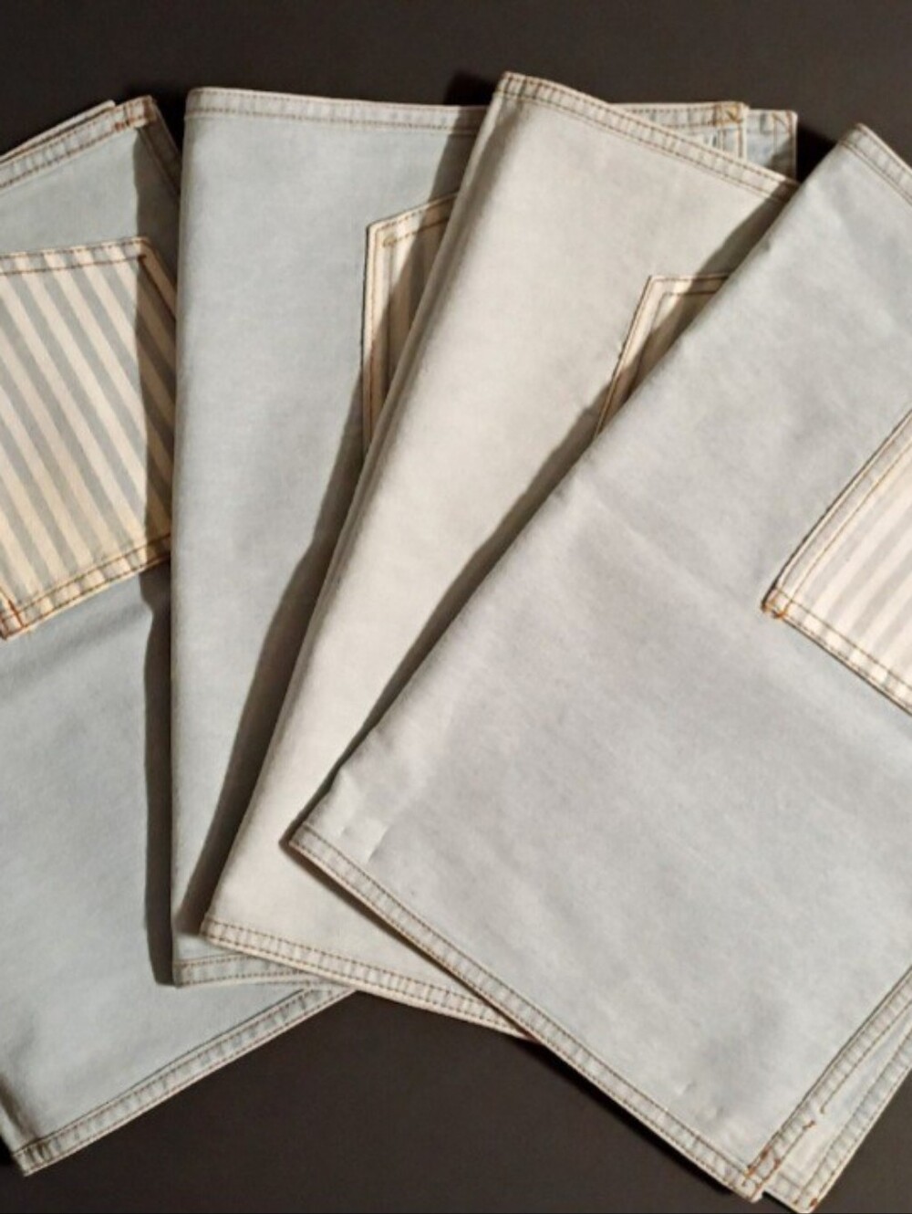 Set of 4 Vintage Style Denim Placemats With Hickory Stripe Pockets